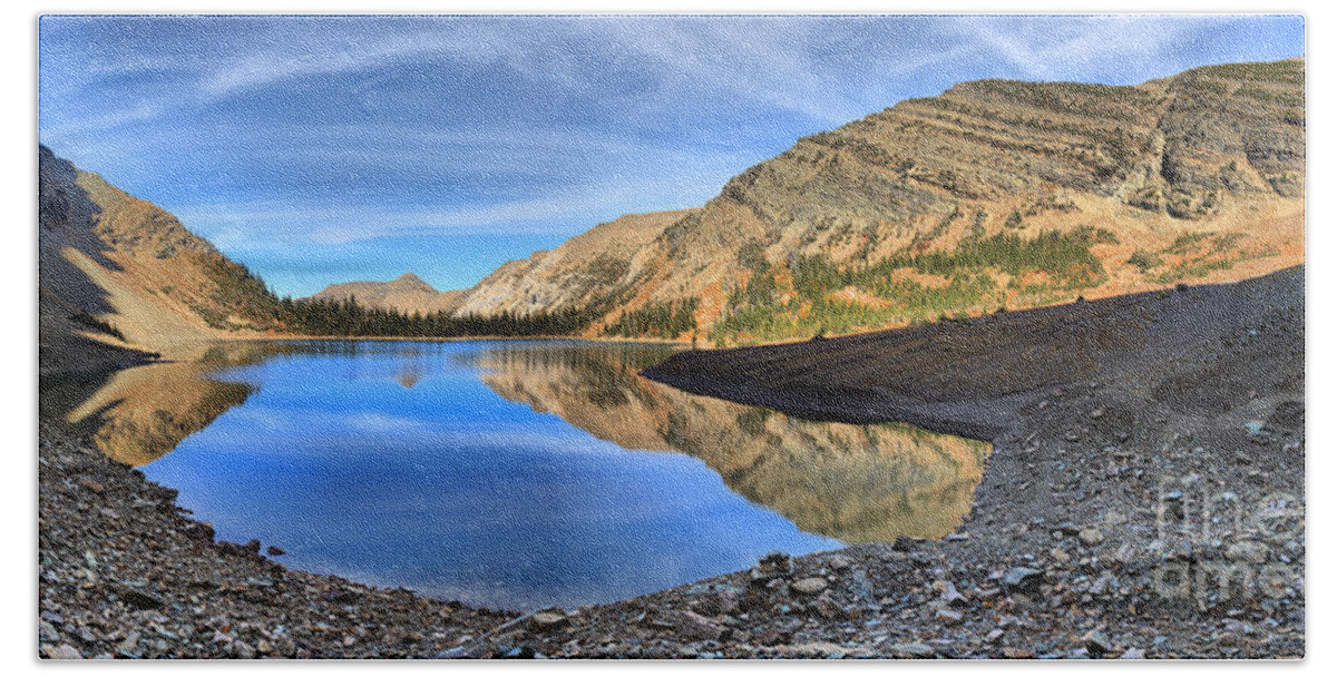 Crypt Lake Hand Towel featuring the photograph Waterton Lakes Crypt Lake Panorama by Adam Jewell