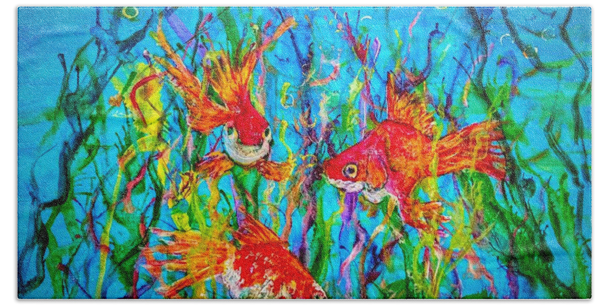 Gold Fish Bath Towel featuring the painting Watery Wonderland by Anne Sands