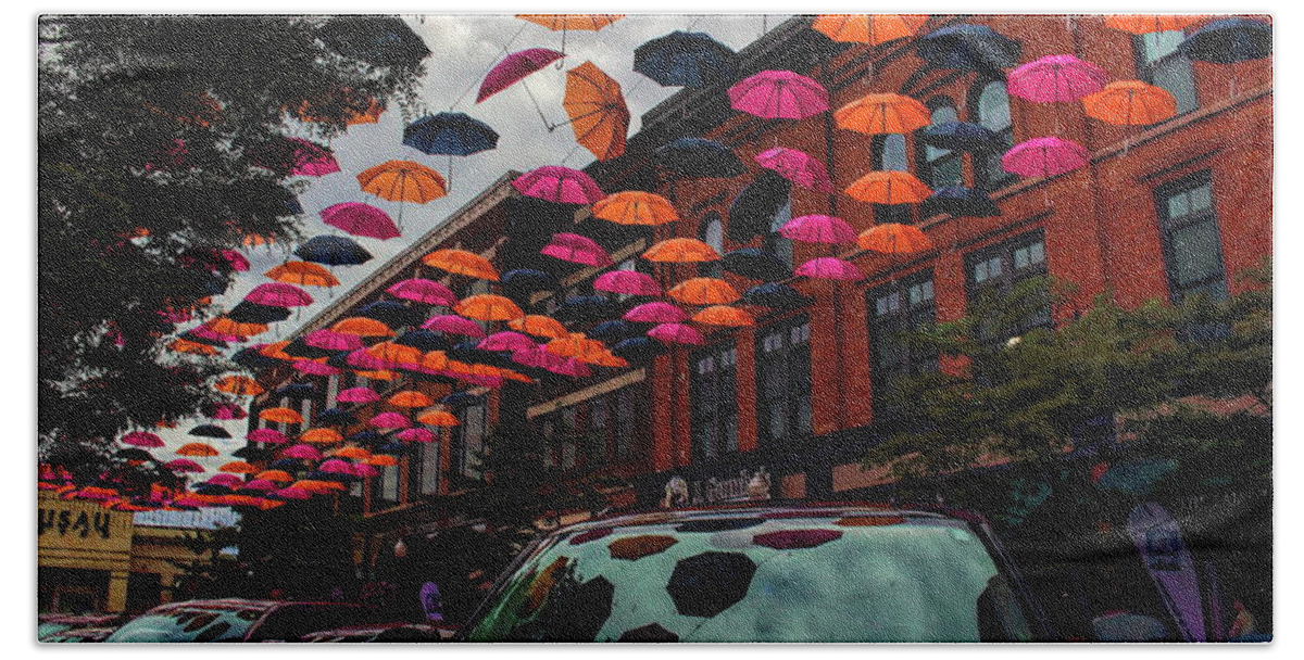 Wausau Hand Towel featuring the photograph Wausau's Downtown Umbrellas by Dale Kauzlaric