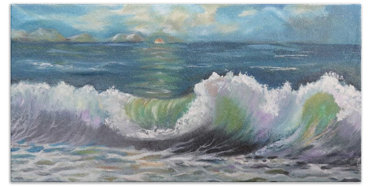 Oil Painting Hand Towel featuring the painting Waves at sunset by Maria Karlosak