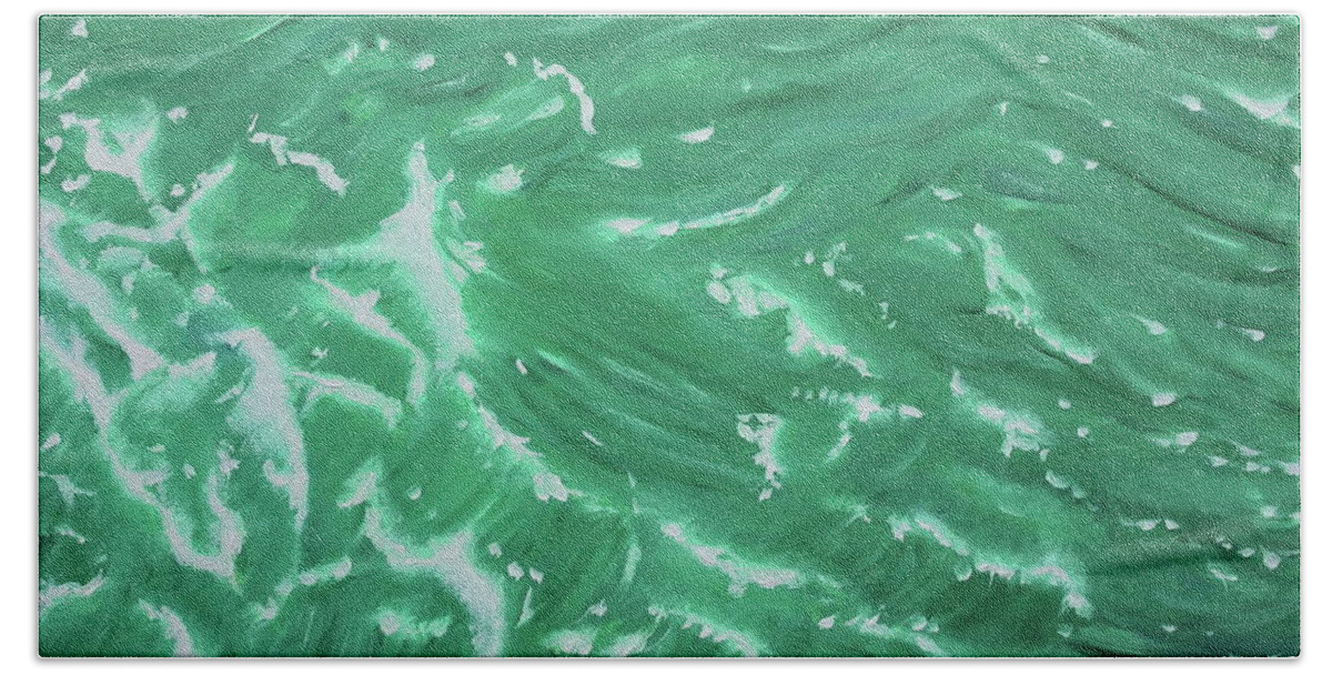 Waves Bath Towel featuring the painting Waves - Green by Neslihan Ergul Colley