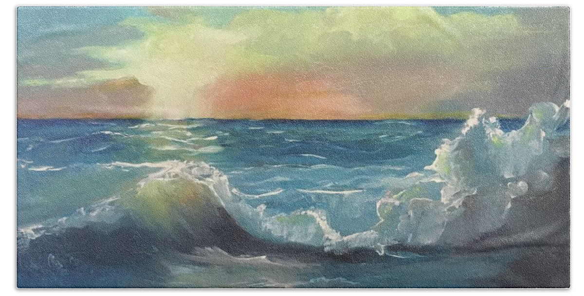 Original Oil Painting Hand Towel featuring the painting Waves in sunrise by Maria Karlosak