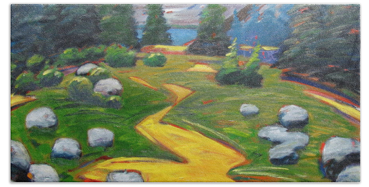 Landscape Bath Towel featuring the painting Way To The Lake by Gary Coleman