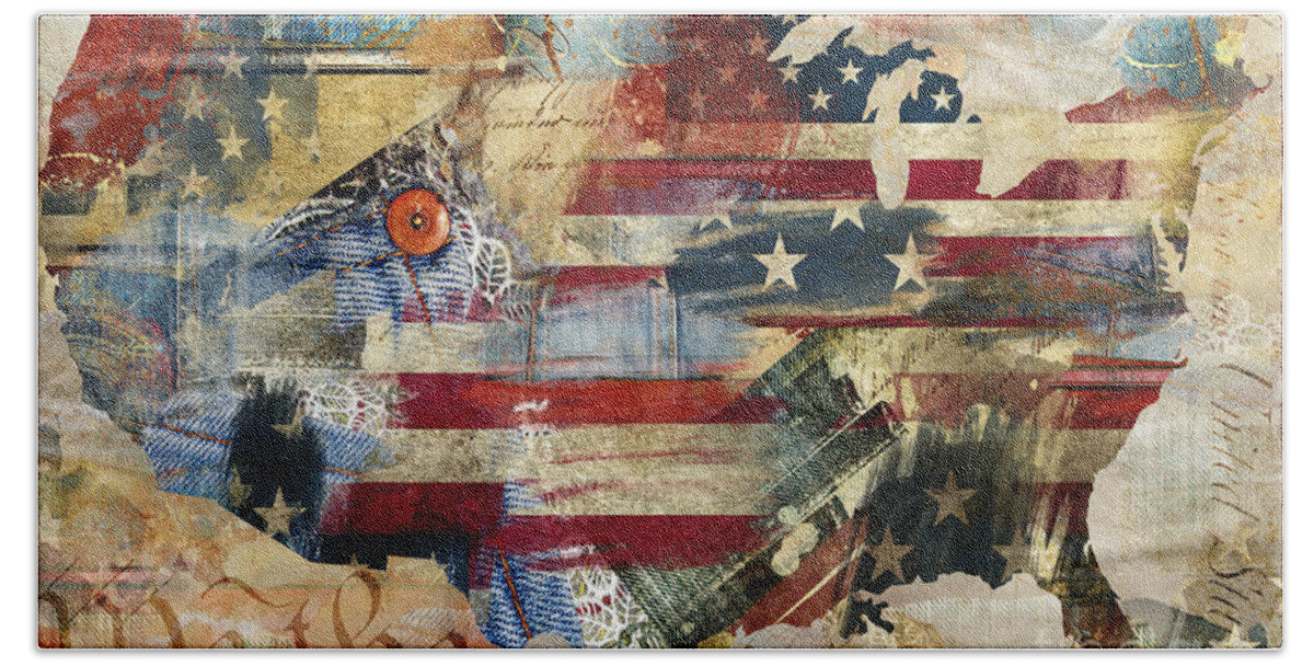 American Flag Bath Towel featuring the painting We The People Map America by Mindy Sommers