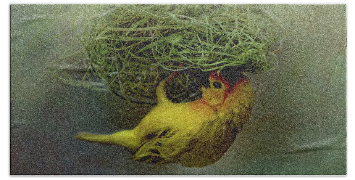 Yellow Bath Towel featuring the photograph Weaver Bird Building A Nest by Maria Angelica Maira