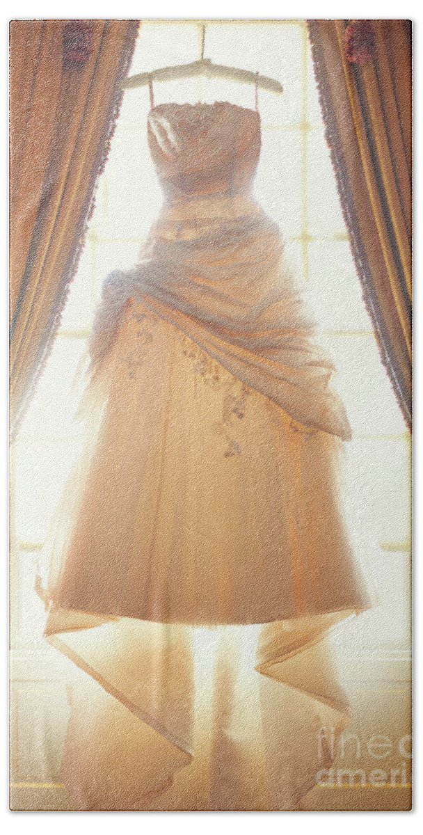 Wedding Dress Bath Towel featuring the photograph Wedding Dress Hanging In The Window by Lee Avison