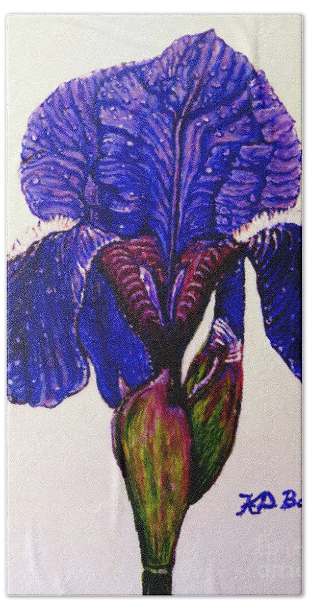 Siberian Iris With Raindrops Deep Purple Blue Or Lapis Blue Magenta Tinged Leaves And Newly Formed Buds On Stem Upright Form Neutral White Off White Background Acrylic Painting Iris Paintings Flower Paintings Stationery And Decor Art Stamp Hand Towel featuring the painting Weeping Iris by Kimberlee Baxter
