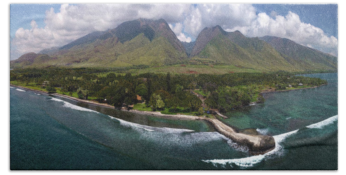Maui Mountains Panorama Clouds Ocean Seascape Bath Towel featuring the photograph West Maui Mountains by James Roemmling