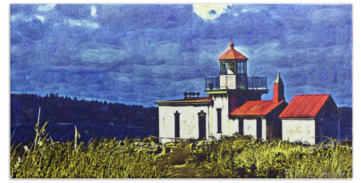 Lighthouse Bath Towel featuring the digital art West Point Sits Alone by Kirt Tisdale