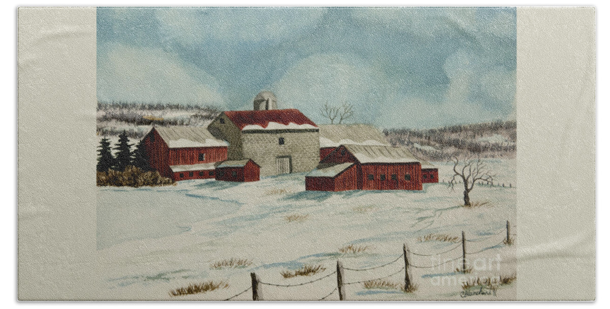 Winter Scene Paintings Bath Towel featuring the painting West Winfield Farm by Charlotte Blanchard