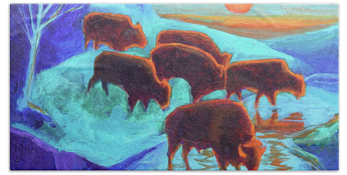 Western Buffalo Art Bath Towel featuring the painting Western Buffalo Art Six Bison at Sunset Turquoise painting Bertram Poole xi by Thomas Bertram POOLE