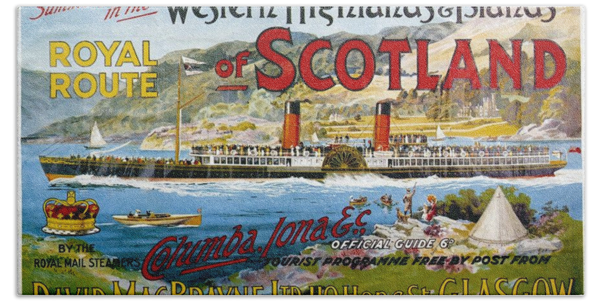 Highlands Hand Towel featuring the mixed media Western Highlands and Islands of Scotland - Steamship - Retro travel Poster - Vintage Poster by Studio Grafiikka