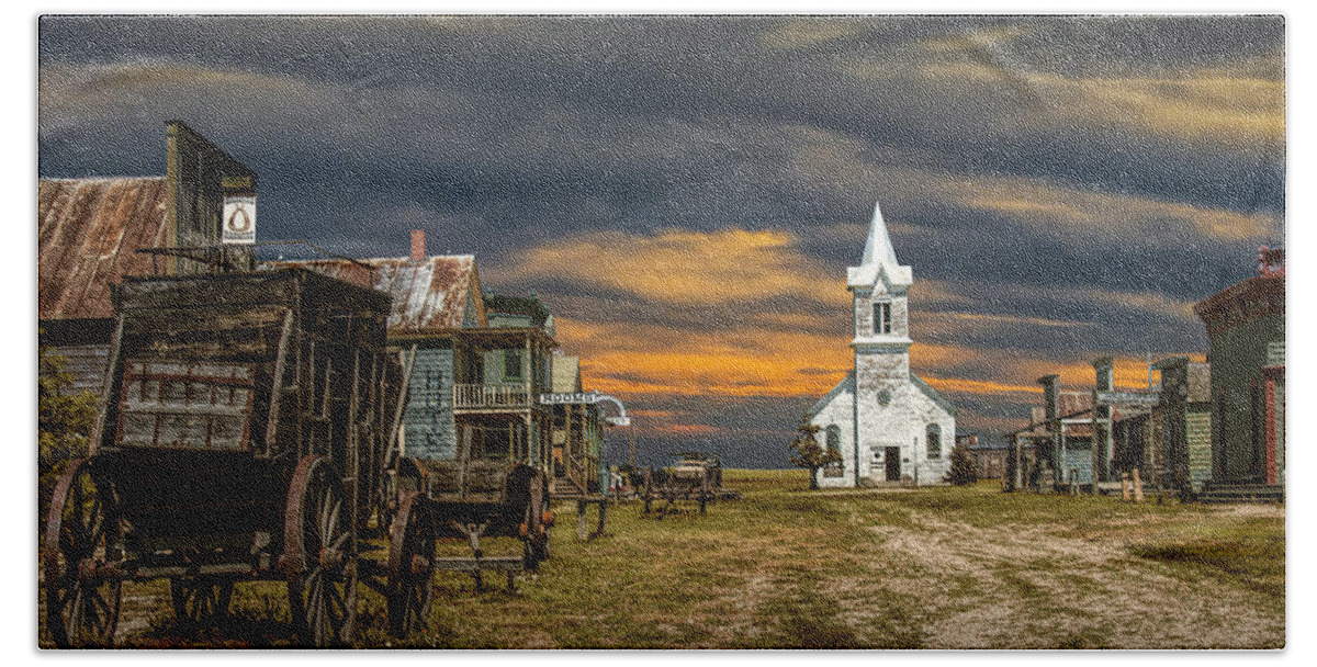 Town Bath Towel featuring the photograph Western Prairie 1880 Town in South Dakota at Sunset by Randall Nyhof