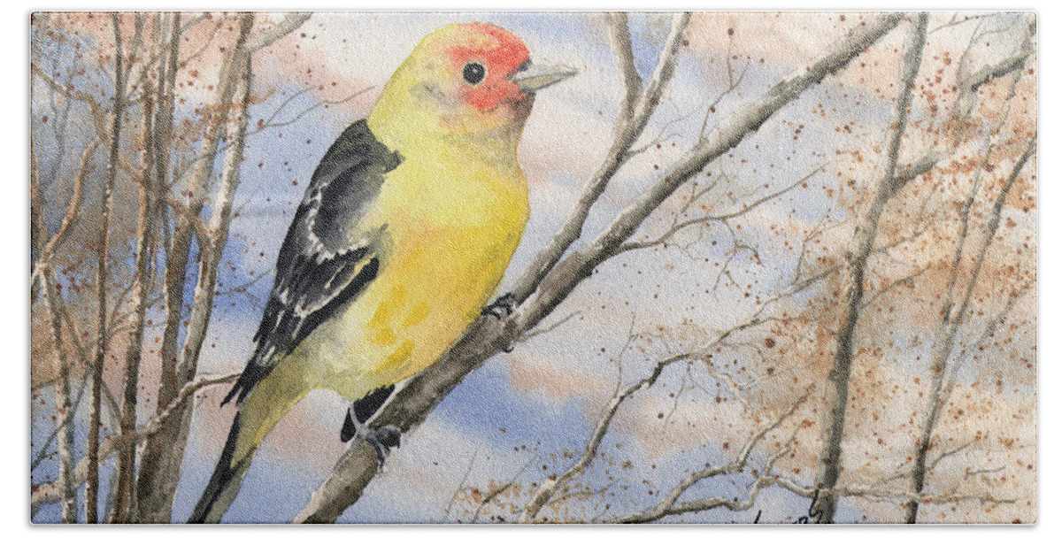 Yellow Bath Towel featuring the painting Western Tanager by Sam Sidders