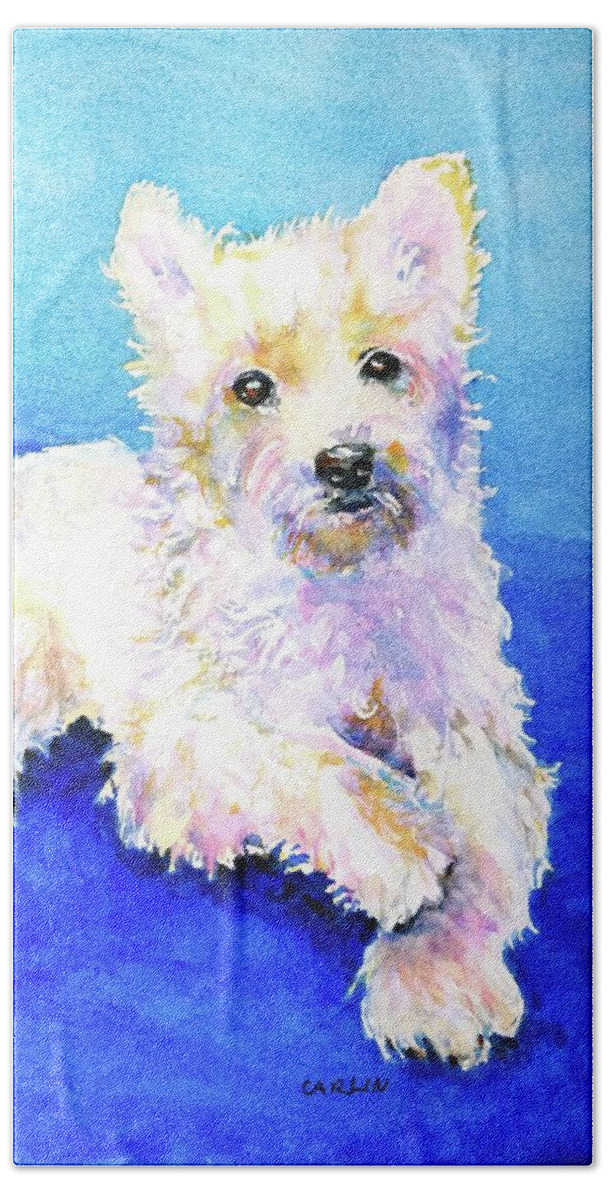 West Highland Terrier Bath Towel featuring the painting Westie Painting in Watercolor by Carlin Blahnik CarlinArtWatercolor