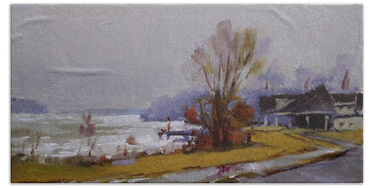 Wet Hand Towel featuring the painting Wet and Icy at Gratwick Waterfront Park by Ylli Haruni