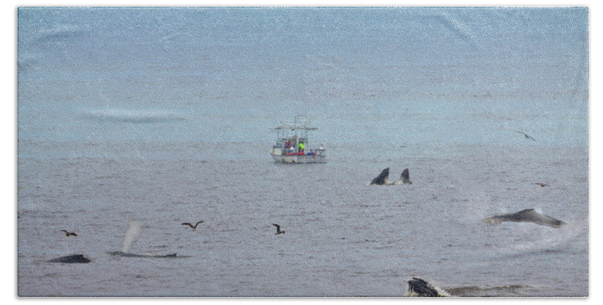 Beach Bath Towel featuring the photograph Whales at Sea - Collage by SC Heffner
