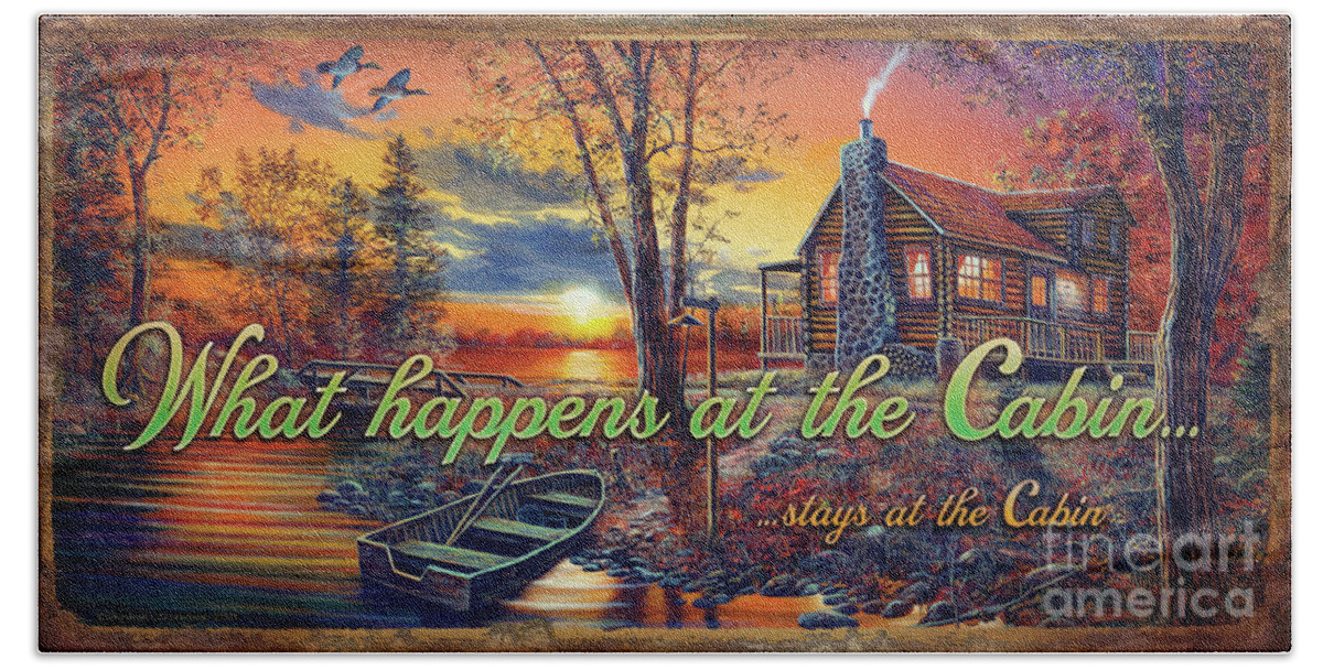 Jq Licensing Bath Sheet featuring the painting What Happens At The Cabin by Jim Hansel