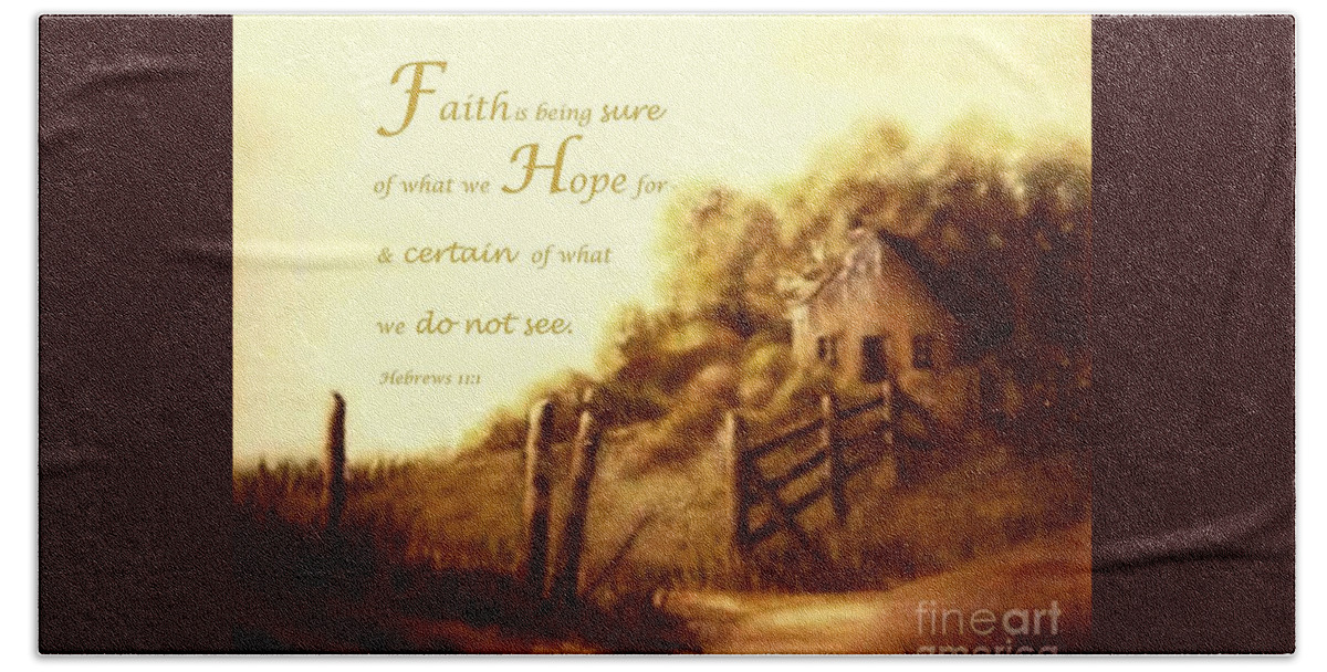 Gold And Green Tones Country Scene Bath Towel featuring the painting What is Faith by Hazel Holland