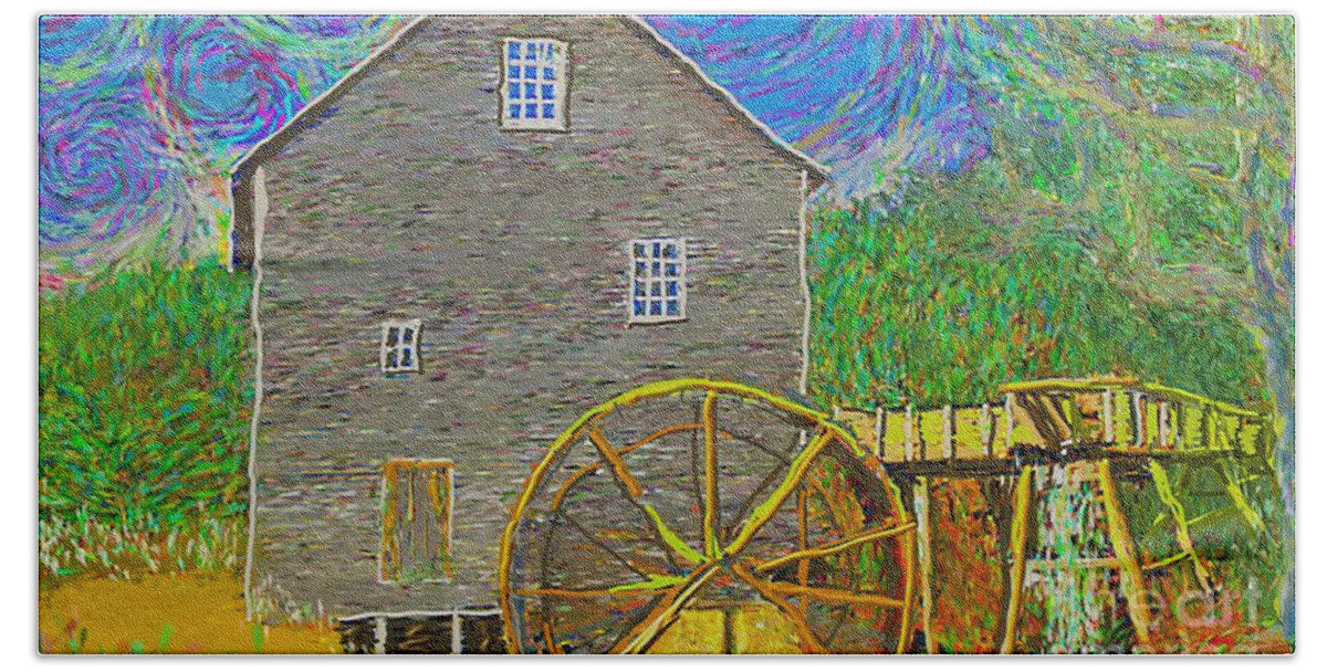 Impressionist Bath Towel featuring the painting Water Wheel by Hidden Mountain