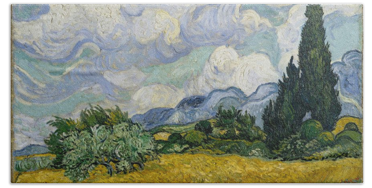 Wheat Field With Cypresses Bath Towel featuring the painting Wheat Field with Cypresses #22 by Celestial Images