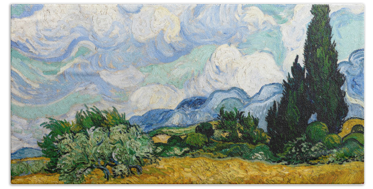 Van Gogh Bath Towel featuring the painting Wheat Field with Cypresses by Vincent van Gogh