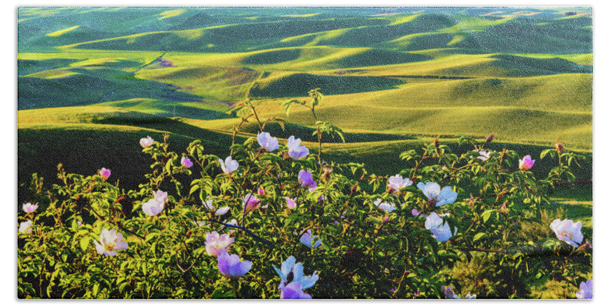 Landscape Bath Towel featuring the photograph Wheat field with wild rose by Hisao Mogi