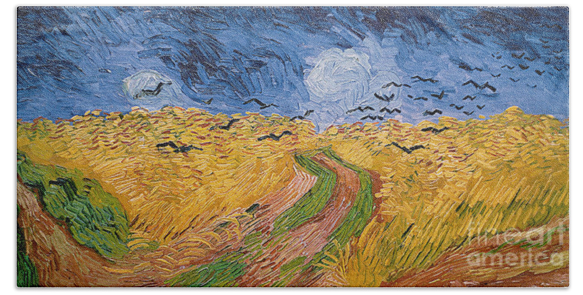 Landscape;post-impressionist; Summer; Wheat; Field; Birds; Threatening; Sky; Cloud; Post-impressionism Hand Towel featuring the painting Wheatfield with Crows by Vincent van Gogh