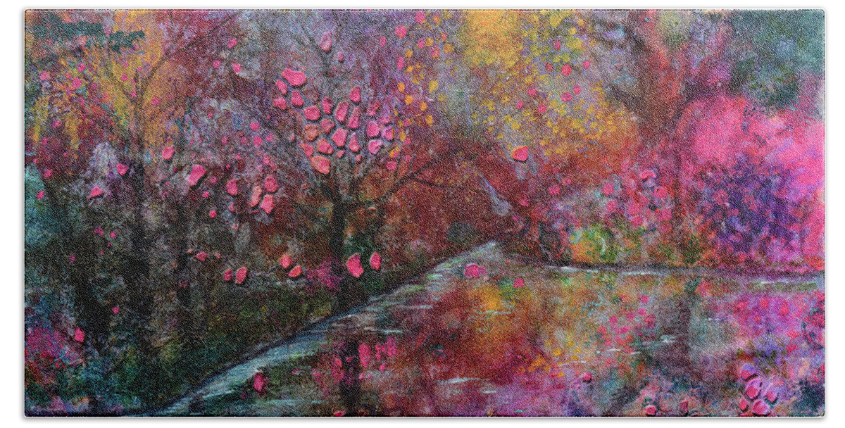 Cherry Blossoms Bath Towel featuring the mixed media When Cherry Blossoms Fall by Donna Blackhall