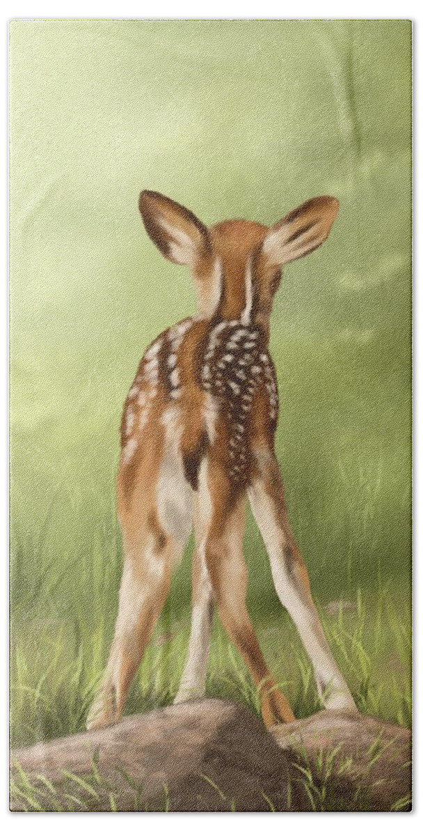 Fawn Bath Towel featuring the painting Where is my mom? by Veronica Minozzi