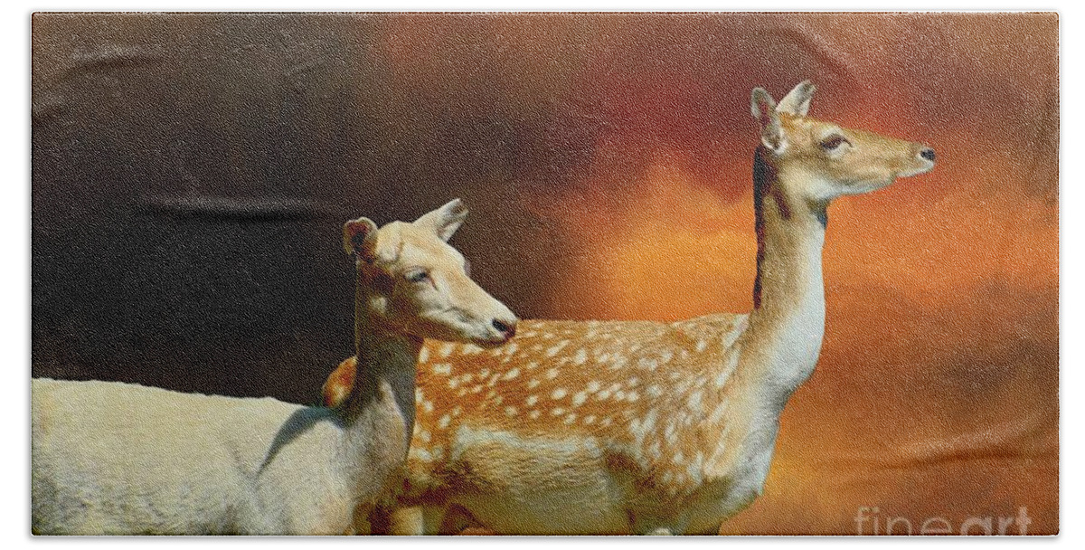 Deer Bath Towel featuring the digital art Two Deer at Sunset by Janette Boyd