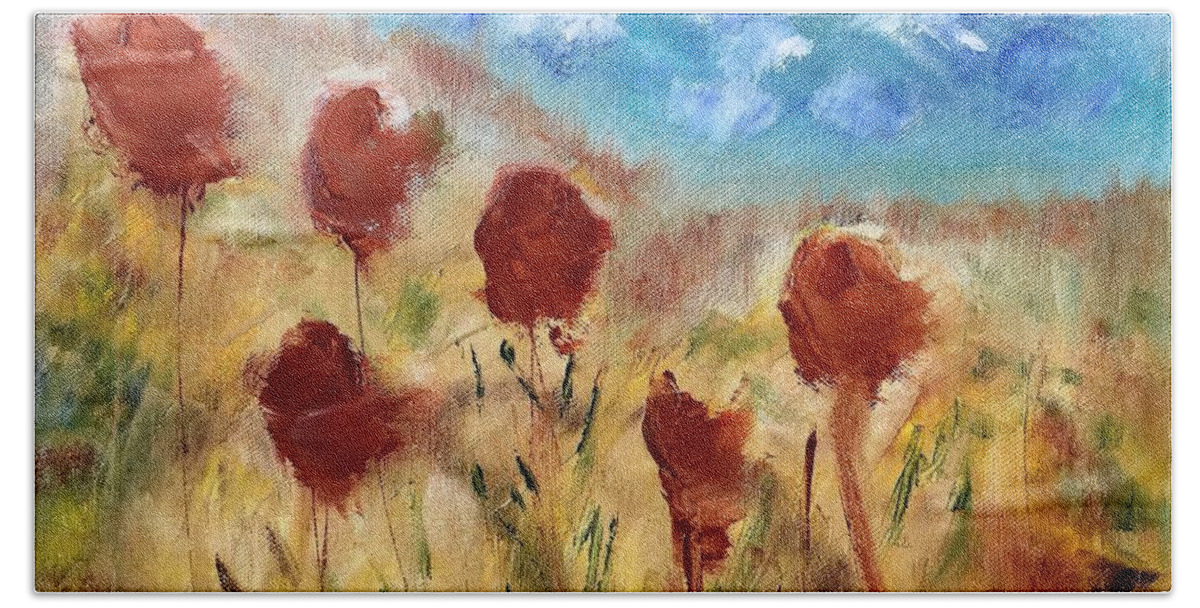 Landscape Bath Towel featuring the painting Where Poppies Grow  by Donna Painter