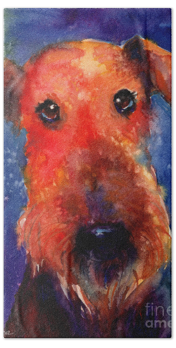 Airedale Dog Painting Hand Towel featuring the painting Whimsical Airedale Dog painting by Svetlana Novikova