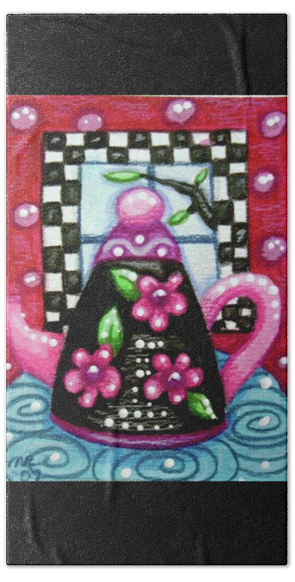 Tea Bath Towel featuring the painting Whimsical black Teapot with Pink Flowers by Monica Resinger