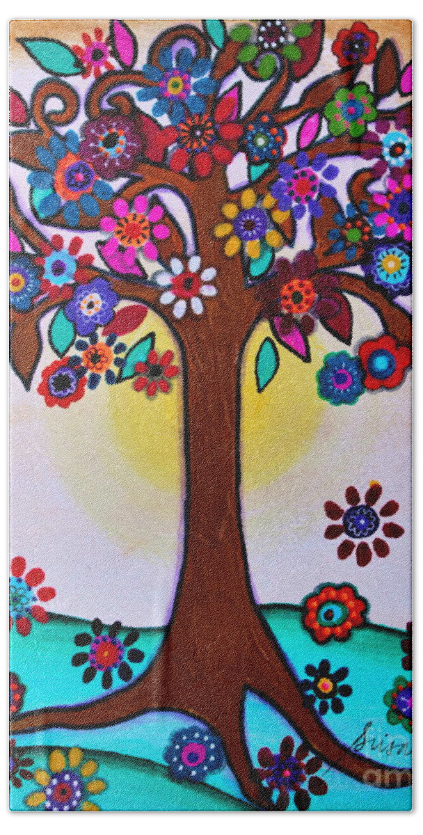Tree Bath Towel featuring the painting Whimsical Blooming Tree by Pristine Cartera Turkus