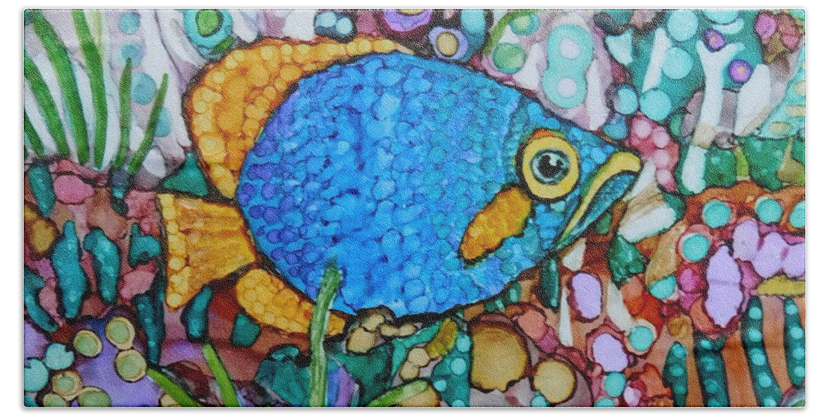 Imaginary Hand Towel featuring the painting Whimsical Blue and Gold Fish by Joan Clear