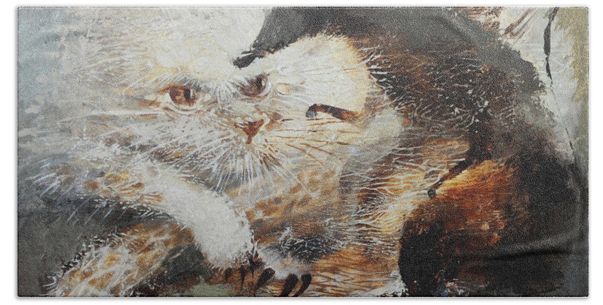 Cat Bath Towel featuring the painting Whimsical Friendship by Valentina Kondrashova
