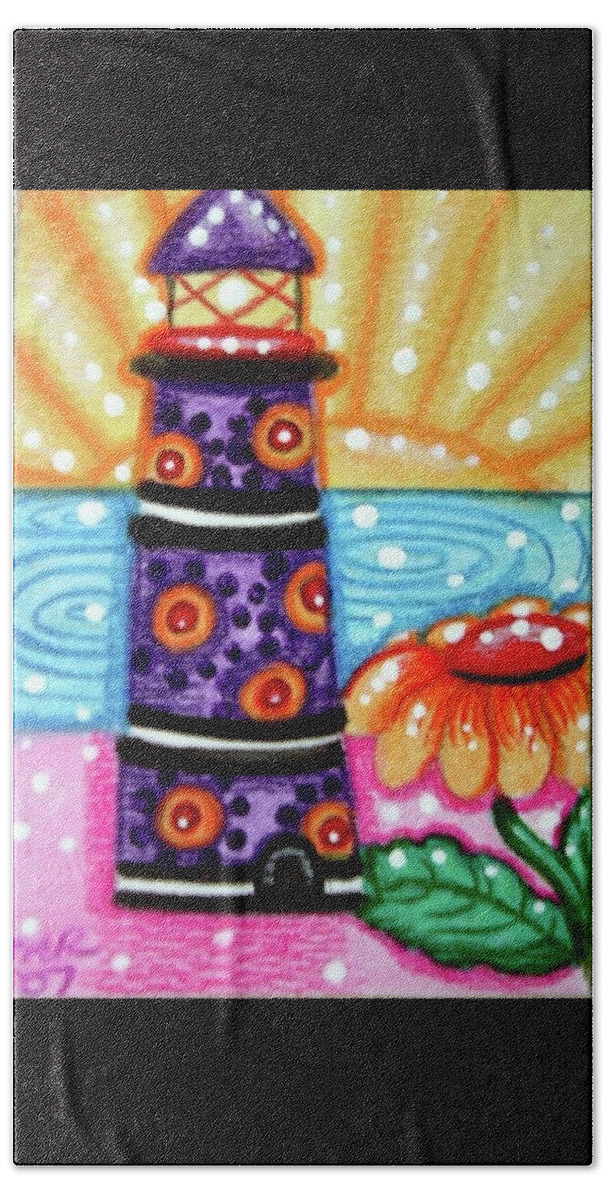 Lighthouse Hand Towel featuring the painting Whimsical Purple Lighthouse by Monica Resinger