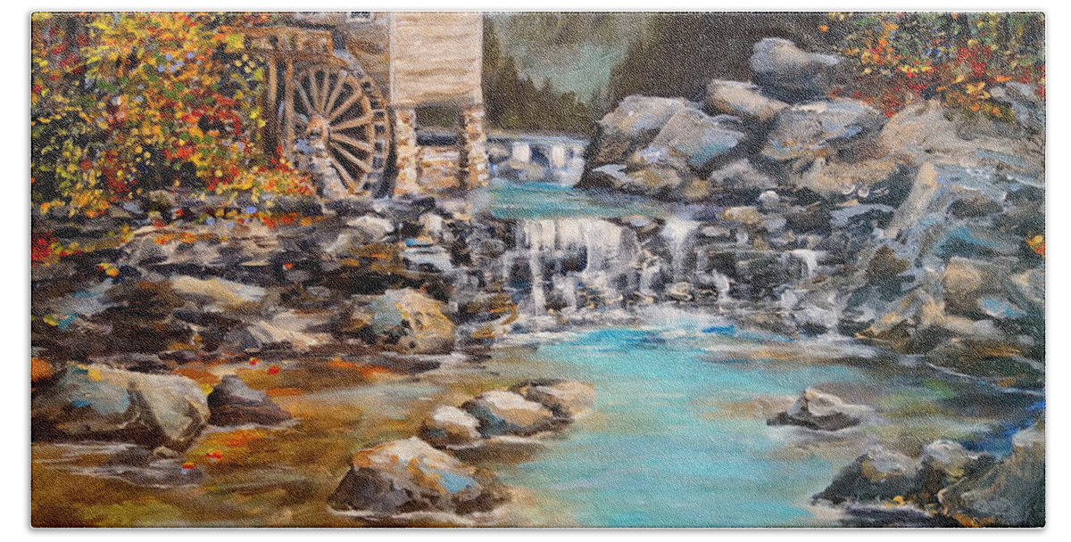 Landscape Bath Towel featuring the painting Whisper Run Mill by Alan Lakin