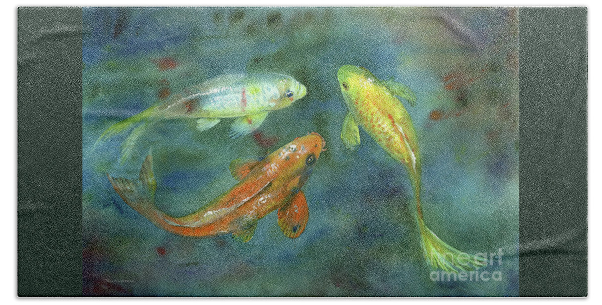 Watercolor Koi Bath Towel featuring the painting Whispering Koi by Amy Kirkpatrick