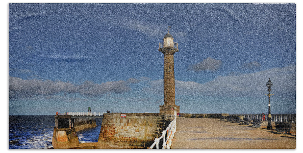 Whitby Lighthouse Hand Towel featuring the photograph Whitby Lighthouse by Smart Aviation