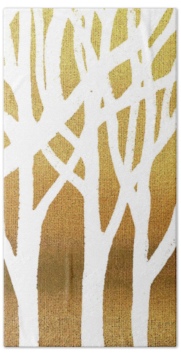 White Hand Towel featuring the painting White Abstract Forest Beige Background Triptych A 3of3 by Irina Sztukowski