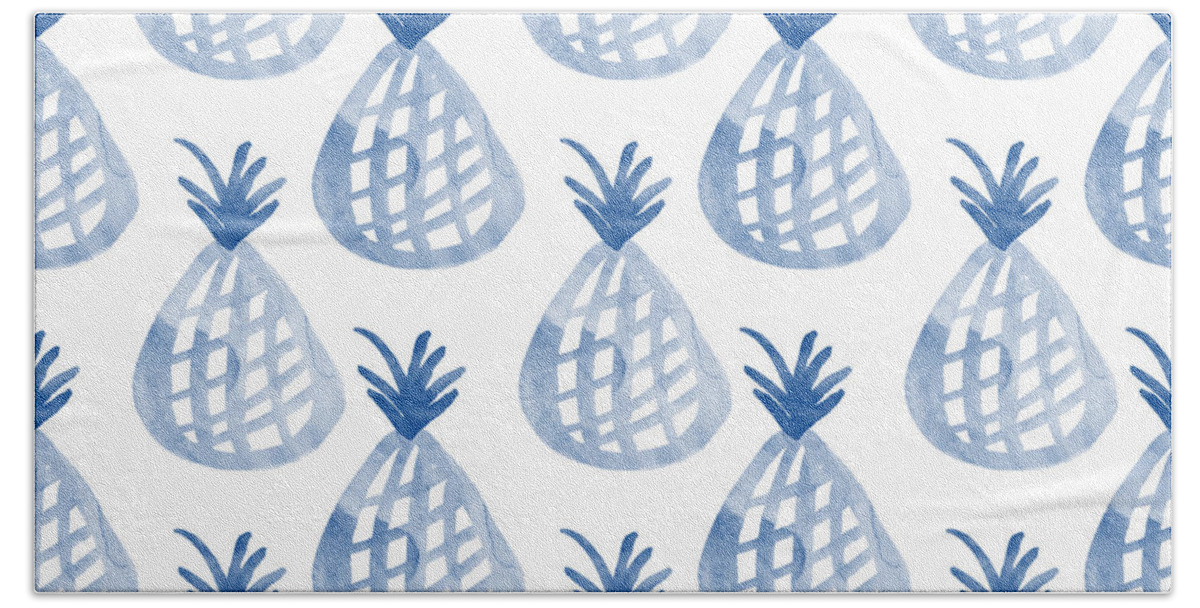 Pineapple Bath Towel featuring the mixed media White and Blue Pineapple Party by Linda Woods