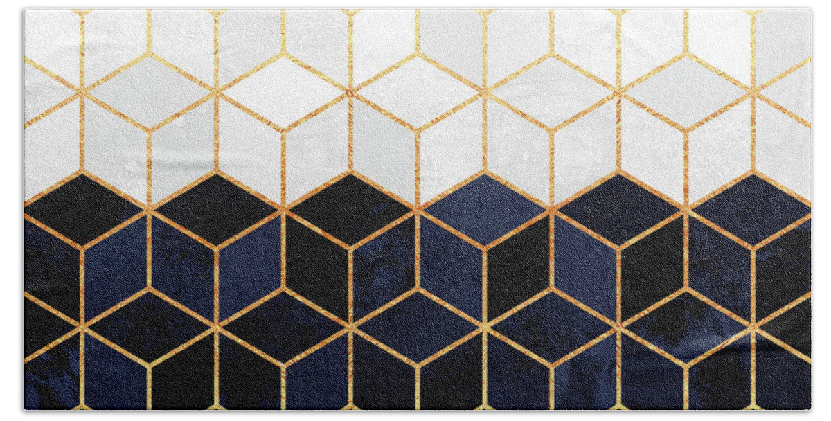 Graphic Bath Sheet featuring the digital art White and navy cubes by Elisabeth Fredriksson