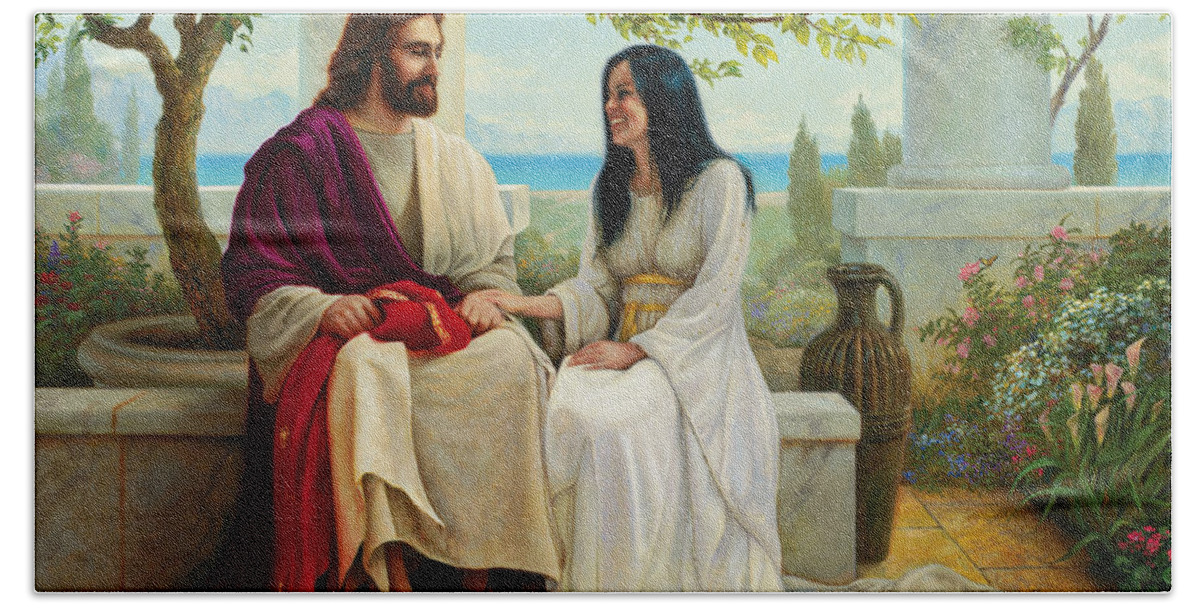 Jesus Bath Towel featuring the painting White as Snow by Greg Olsen