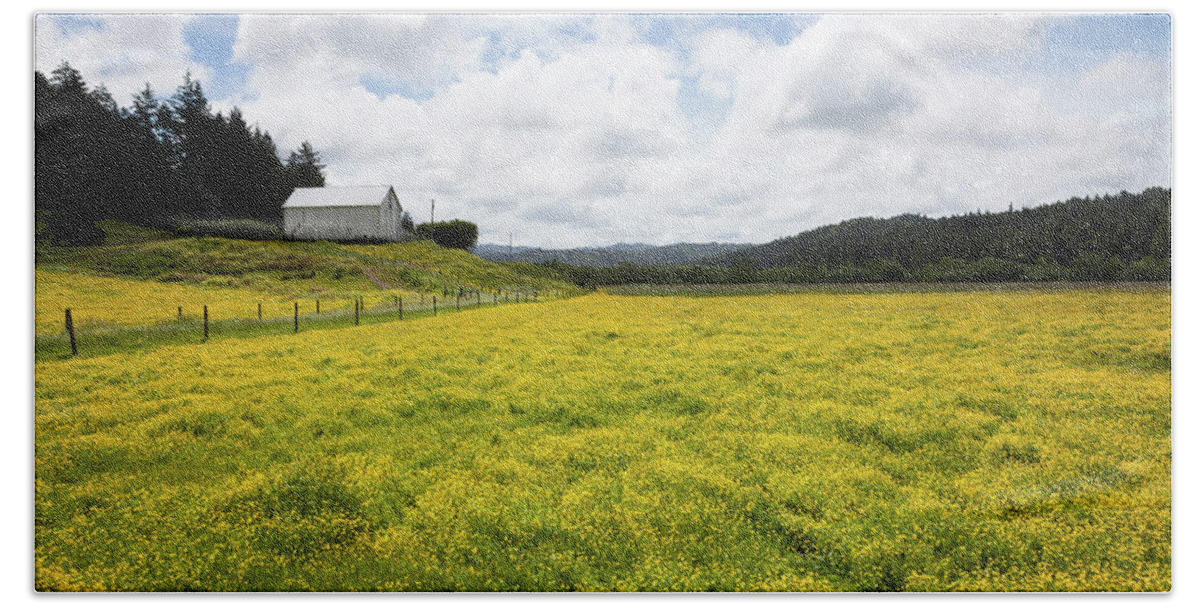 Barn Hand Towel featuring the photograph White Barn and Yellow Fields by Mark Alder