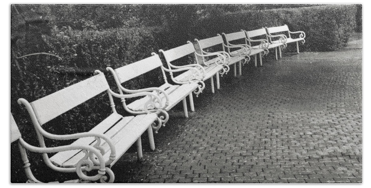 Black And White Bath Towel featuring the photograph White Benches- by Linda Wood Woods by Linda Woods