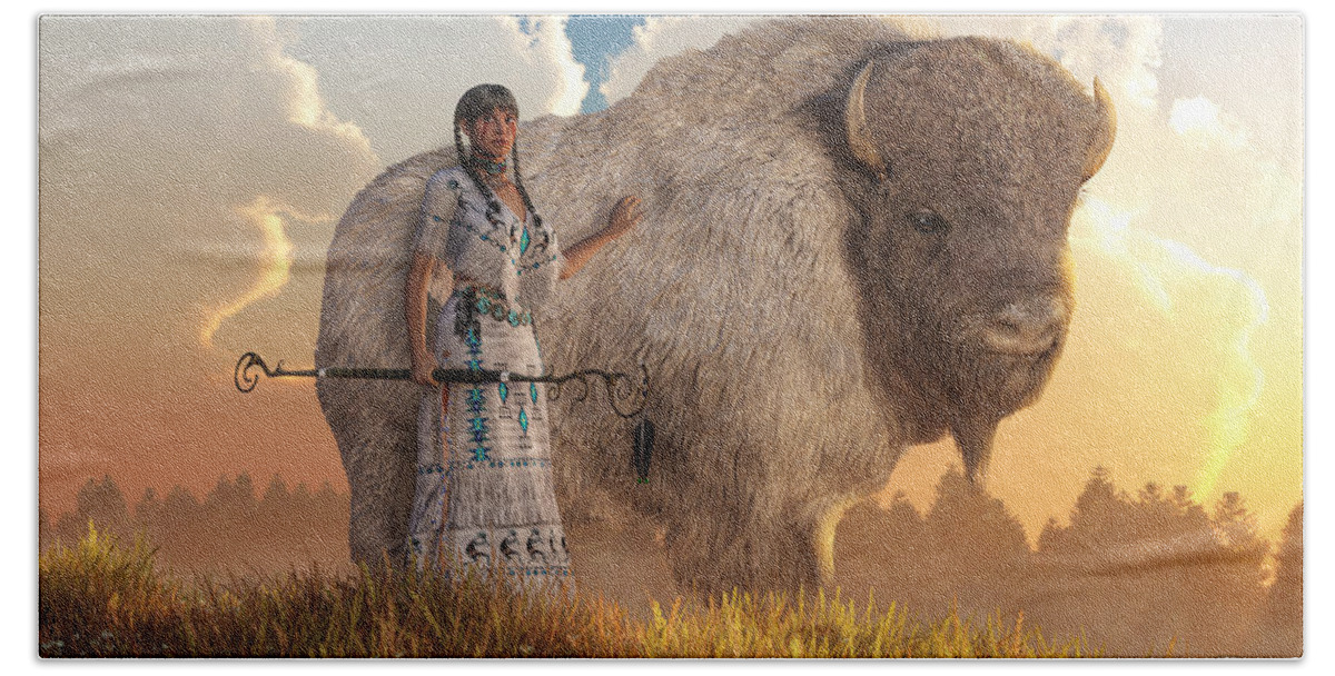 White Buffalo Calf Woman Hand Towel featuring the digital art White Buffalo Calf Woman by Daniel Eskridge