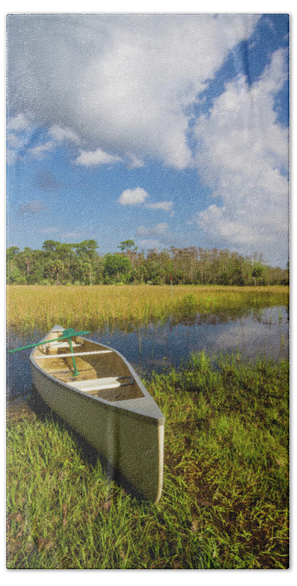 Boats Bath Towel featuring the photograph White Canoe in the Glades by Debra and Dave Vanderlaan