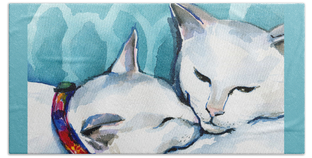 Cat Bath Towel featuring the painting White Cat Affection by Dora Hathazi Mendes